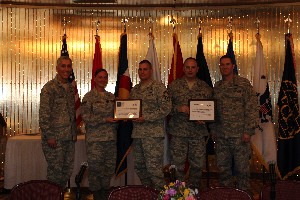 Joining together at the March luncheon are (l-r) Col. Philip Platt, USAF, chapter president; Staff Sgt. Sarai Pribble, USAF, 50th Space Communications Squadron; Senior Master Sgt. Donald Lemke, USAF, 21st Communications Squadron; Master Sgt. Christopher Simons, USAF, 21st Communications Squadron; and Capt. Jason Ballard, USAF, Air Force Space Command.